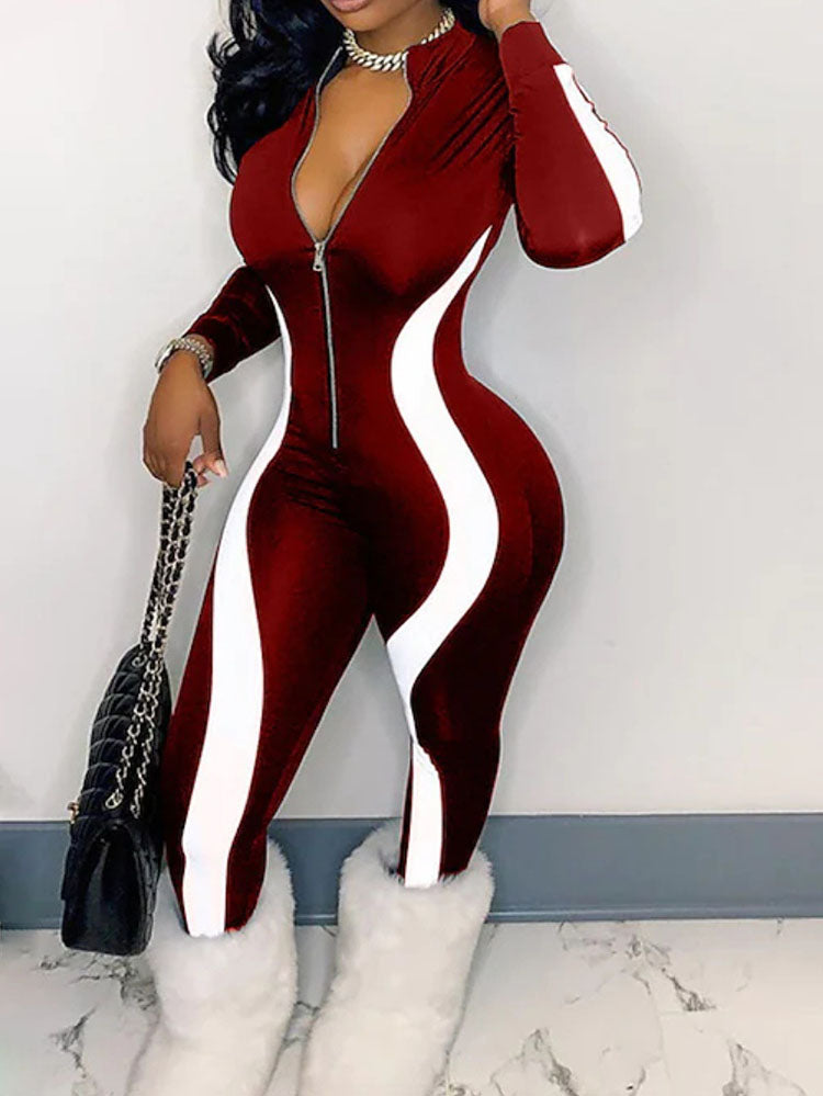 Plus Size Long Sleeves Zipper Color Block Jumpsuits Tiynon
