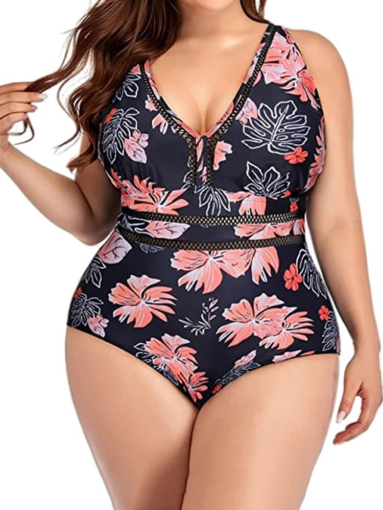 Plus Size One Piece Floral Hollow Out Swimsuit Tiynon