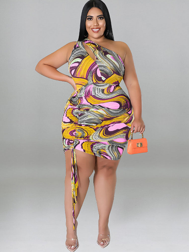 Plus Size One Shoulder Printed Ruched Mini Dresses Tiynon