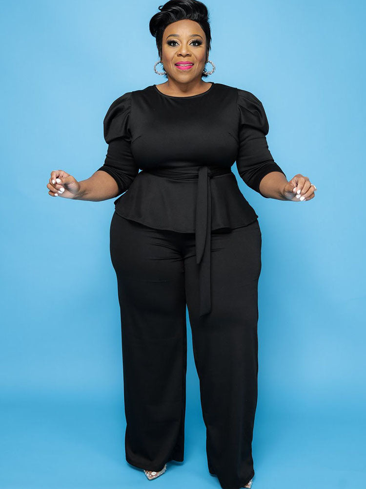 Plus Size Peplum Tops + Wide Leg Pants Tiynon