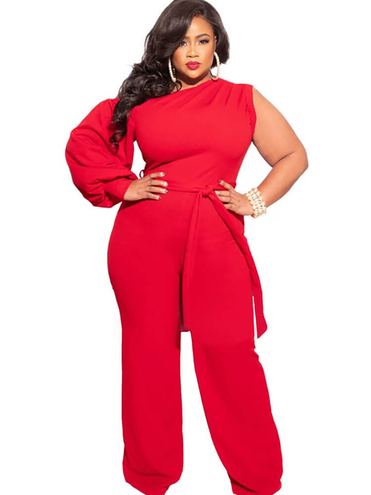 Plus Size Puff Sleeve Belted Wide Leg Pant Jumpsuits Tiynon