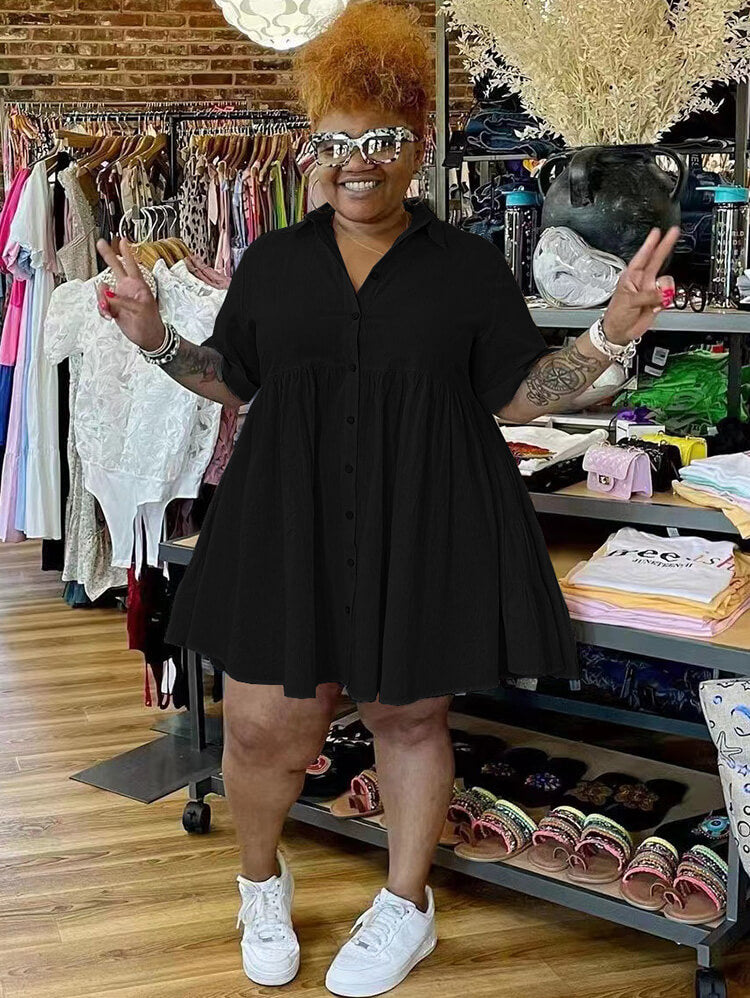Plus Size Short Sleeve Button Shirt Dresses Tiynon