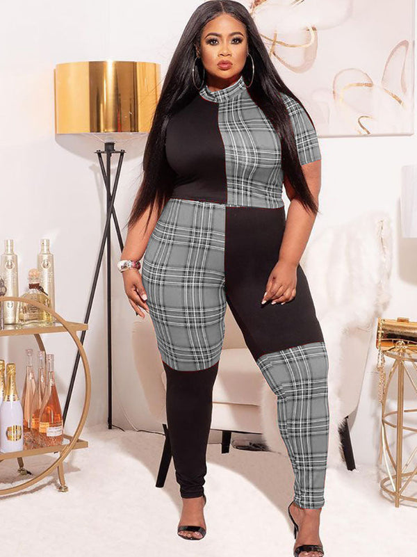 Plus Size Short Sleeves Plaid Print Rompers Tiynon