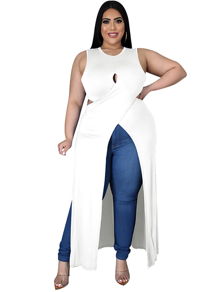 Plus Size Sleeveless Cut Out Split Long Tops Tiynon