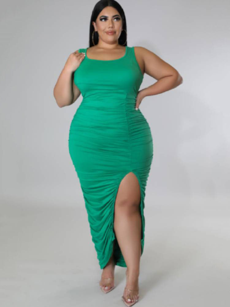 Plus Size Sleeveless Ruched Midi Dresses Tiynon