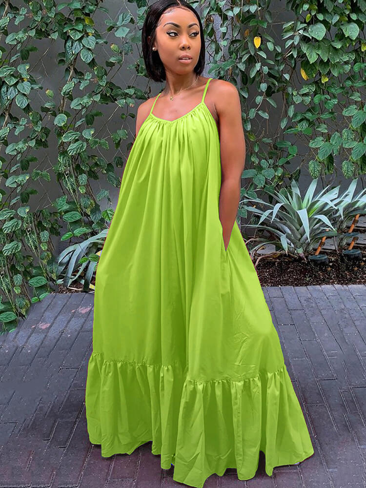 Plus Size Spaghetti Strap Ruffle Beach Maxi Swing Dresses Tiynon