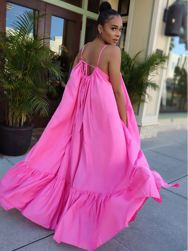 Plus Size Spaghetti Strap Ruffle Beach Maxi Swing Dresses Tiynon