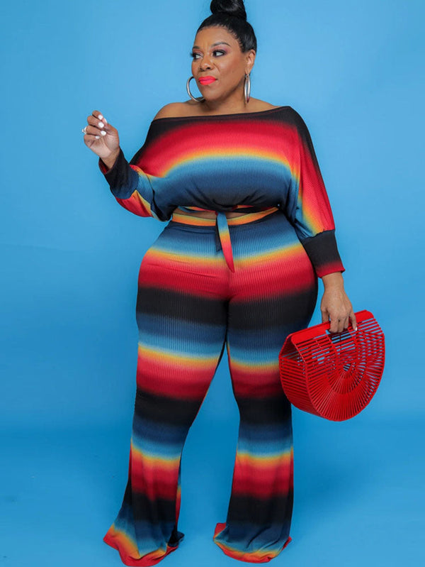 Plus Size Two Piece Crop Top Flare Bottom Outfits Tiynon