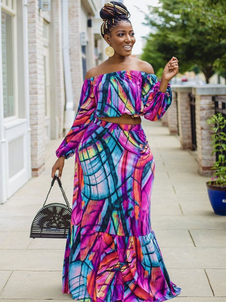 Plus Size Two Piece Crop Top Maxi Skirt Outfits Tiynon