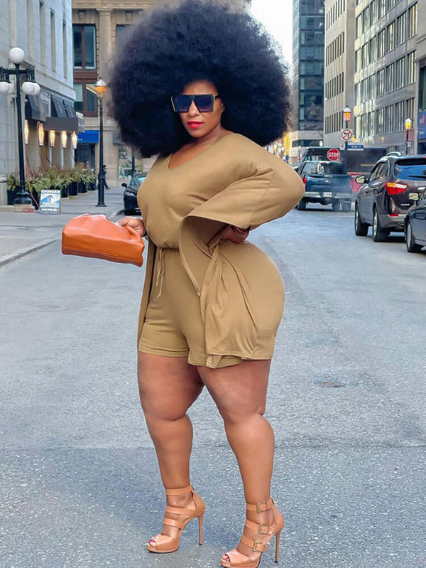 Plus Size Two Piece One Shoulder Tops & Drawstring Shorts Tiynon