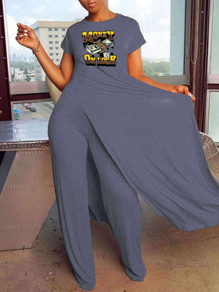 Plus Size Two Piece Print Top Long Pants Outfits Tiynon