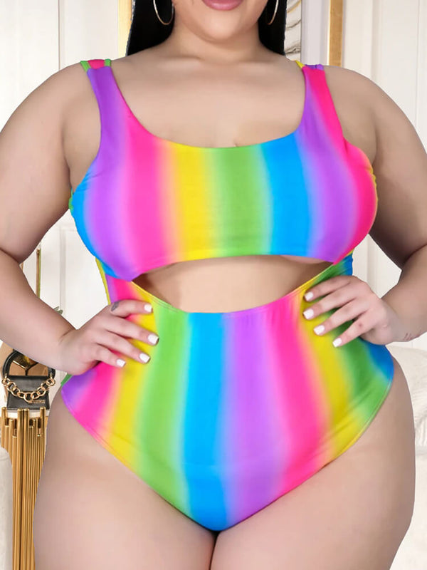 Plus Size Two Piece Rainbow Top + Skirt Suit Beach Swimsuits Tiynon