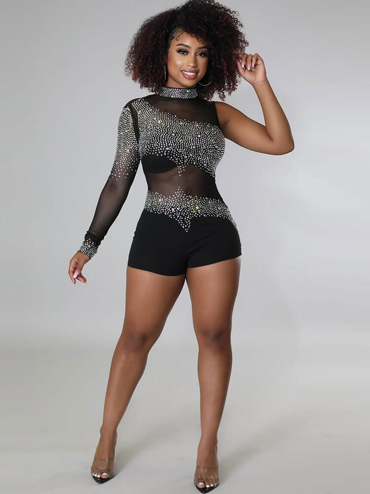 Rhinestone Mesh Patchwork Zip Up Short Jumpsuits Tiynon