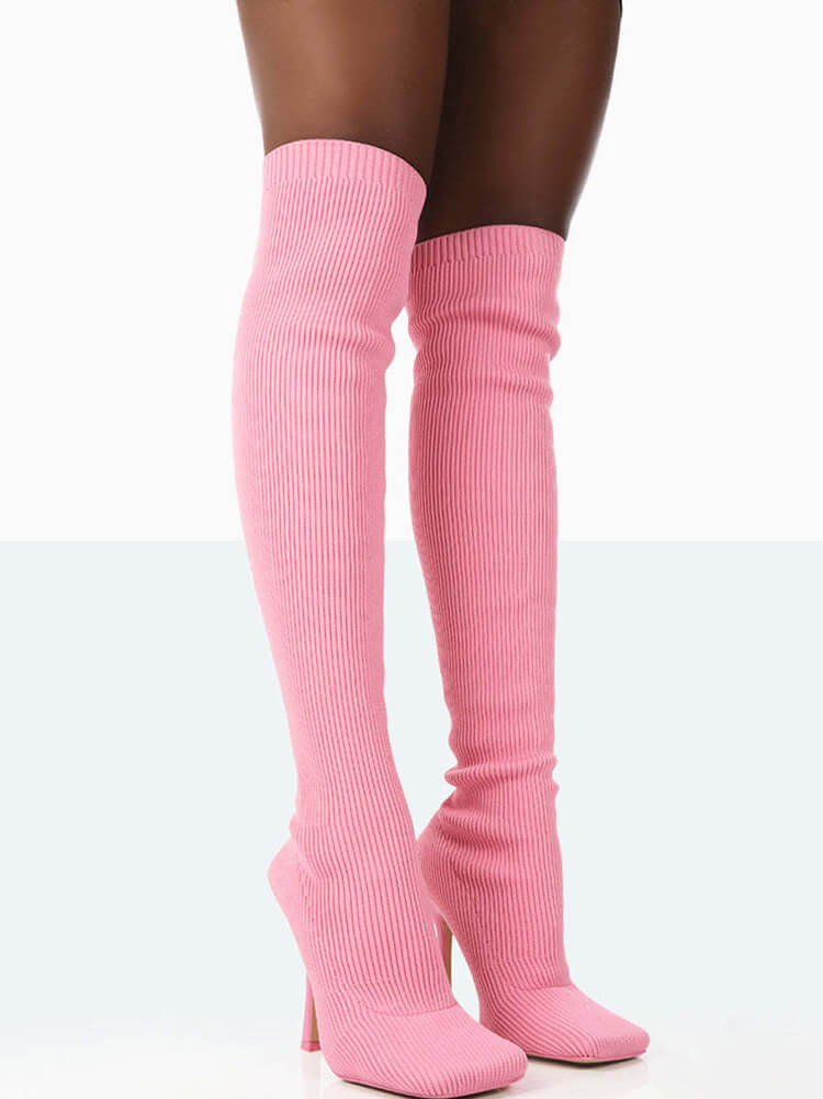 Ribbed Knit Solid Color Thigh High Boots Tiynon