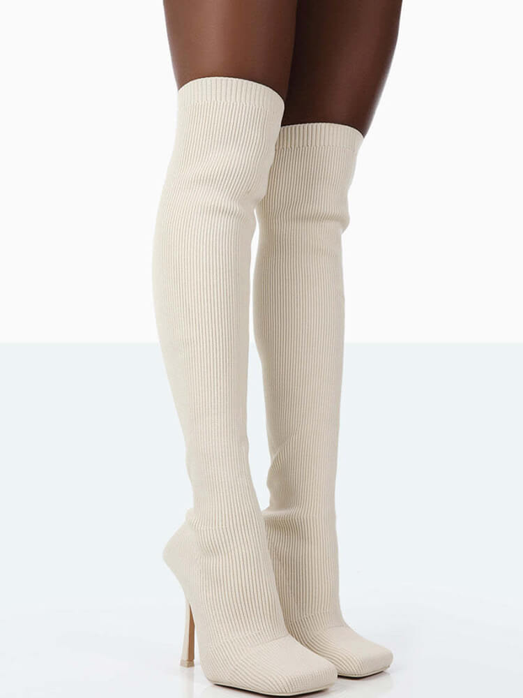 Ribbed Knit Solid Color Thigh High Boots Tiynon