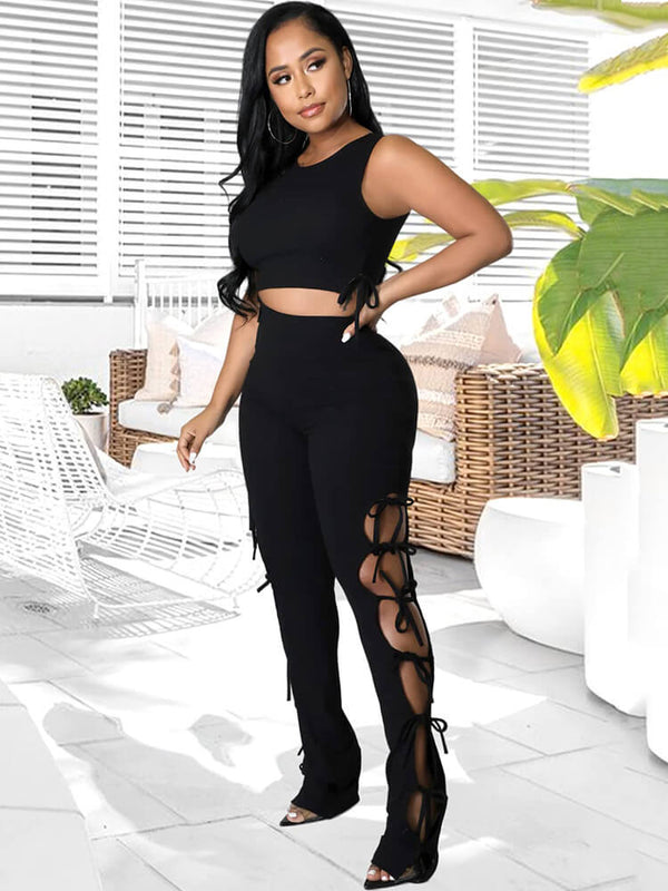Ribbed Tank Crop Top & Hollow Out Lace Up Pants Tiynon