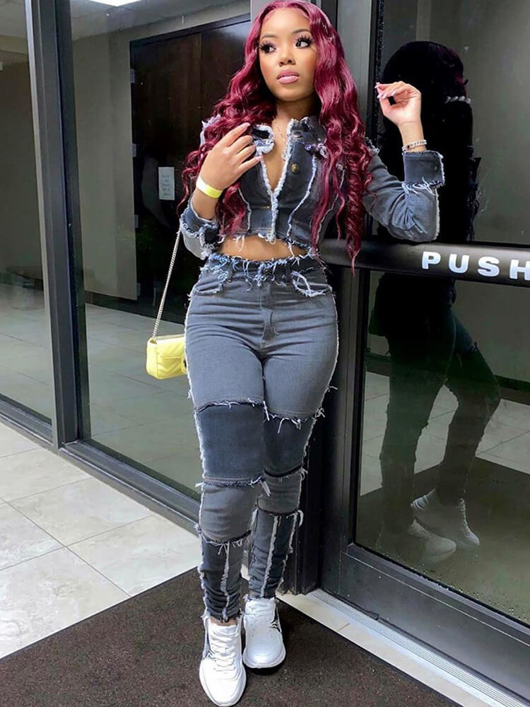 Ripped Button Down Denim Jackets & Raw Hem Jeans Tiynon