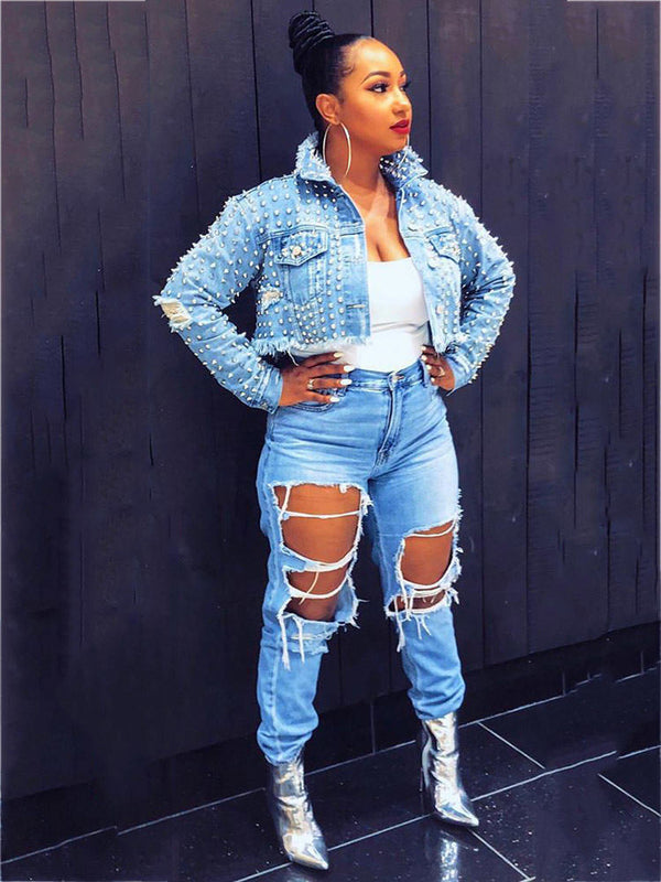 Rivet Ripped Hole Vintage Short Denim Jackets Tiynon