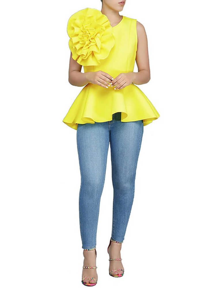 Round Neck Flounce Ruffle Peplum Tops Tiynon