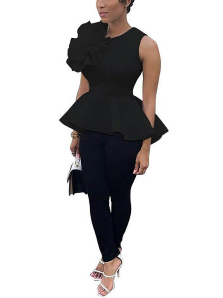Round Neck Flounce Ruffle Peplum Tops Tiynon