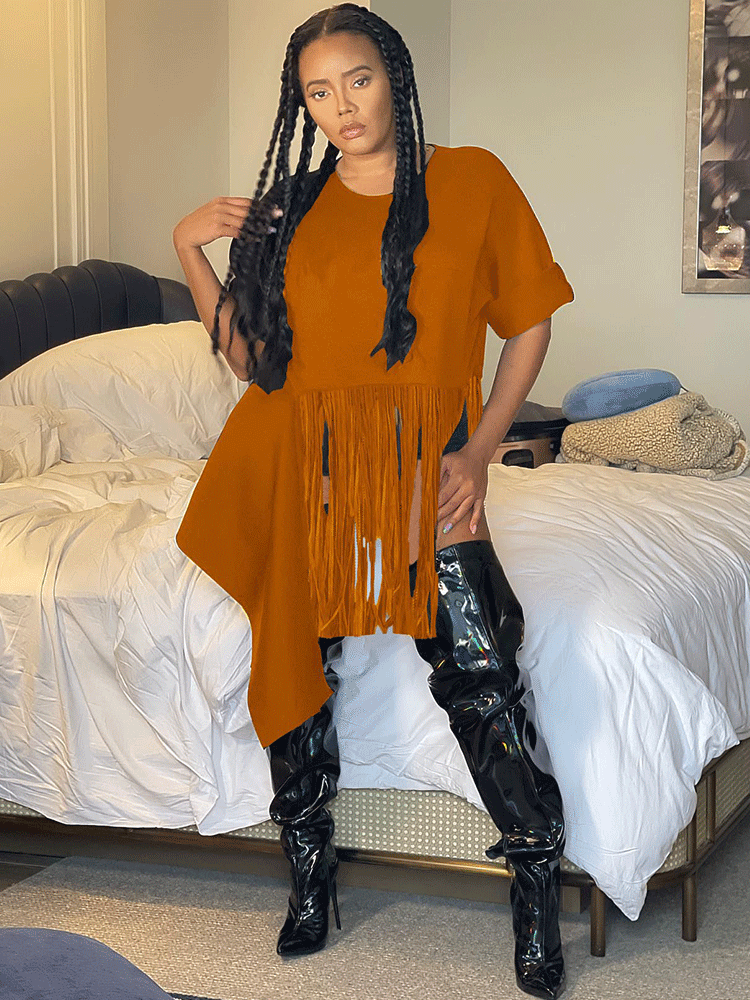 Round Neck Tassel Irregular Loose Shirts Tiynon