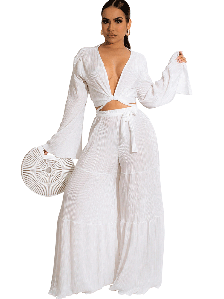 Ruched Open Front Tops Wide Leg Pants Set Tiynon