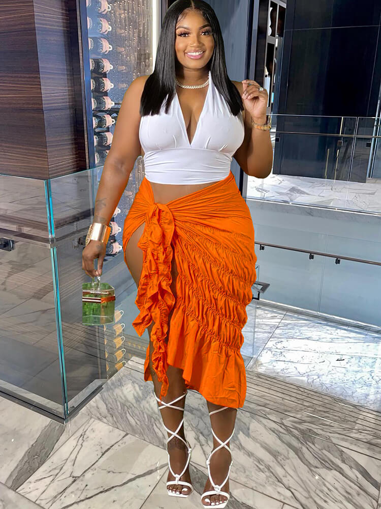 Ruffle Lace Up Ruched Split Midi Skirt Tiynon