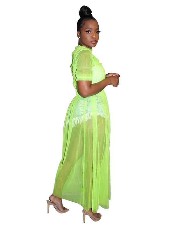 Ruffle Mesh Short Sleeve Maxi Dresses Tiynon