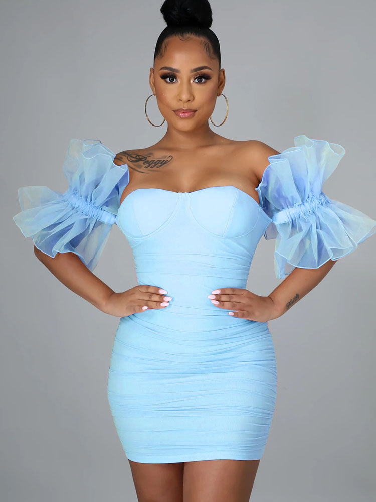 Ruffle Sleeves Ruched Bodycon Mini Dresses Tiynon