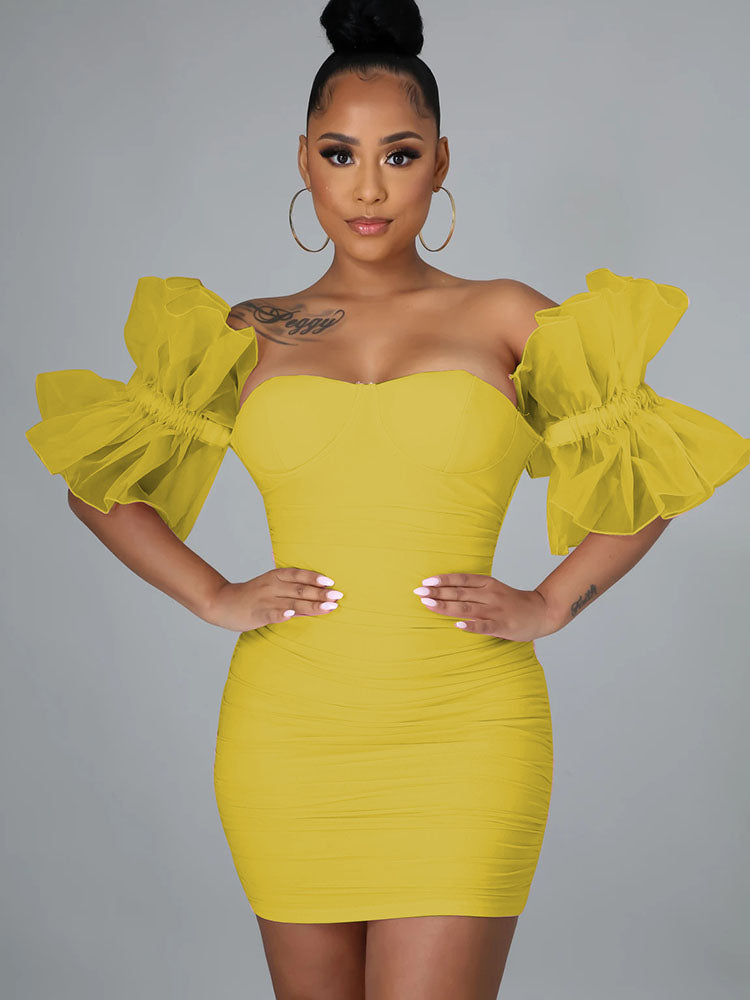 Ruffle Sleeves Ruched Bodycon Mini Dresses Tiynon