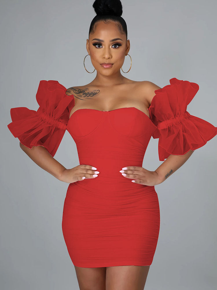 Ruffle Sleeves Ruched Bodycon Mini Dresses Tiynon