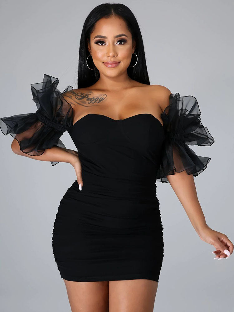 Ruffle Sleeves Ruched Bodycon Mini Dresses Tiynon