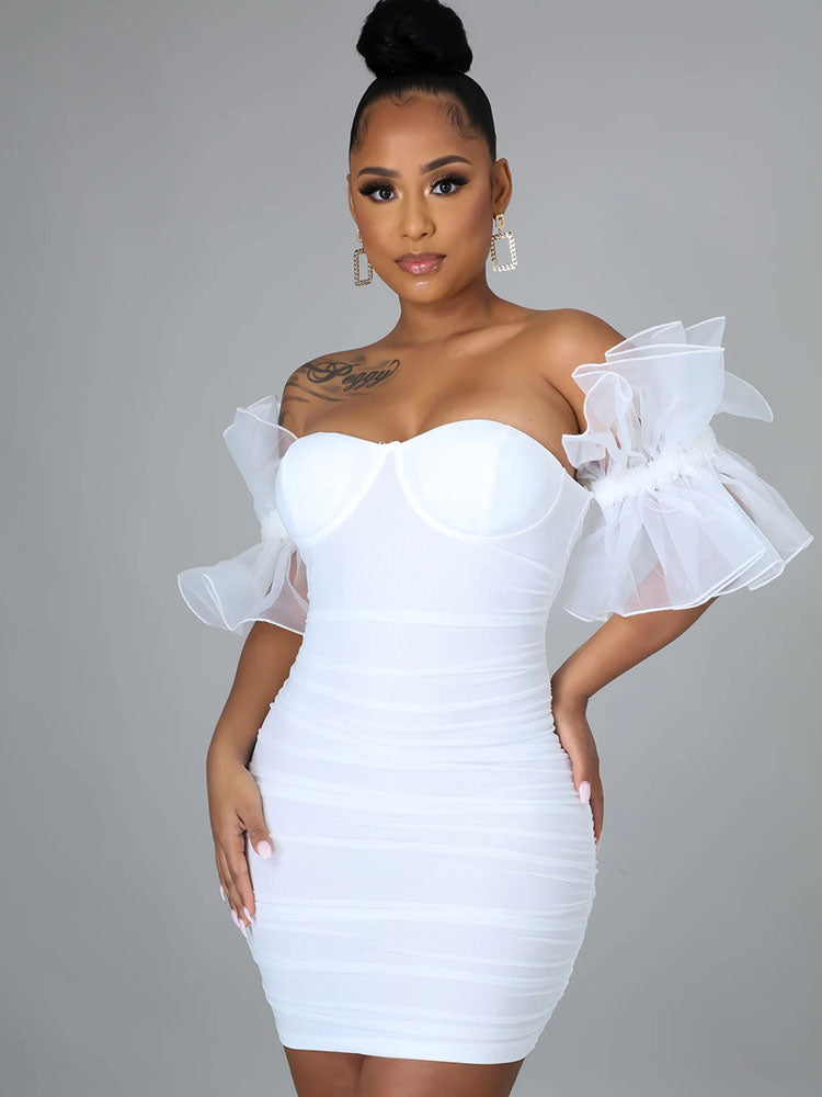 Ruffle Sleeves Ruched Bodycon Mini Dresses Tiynon