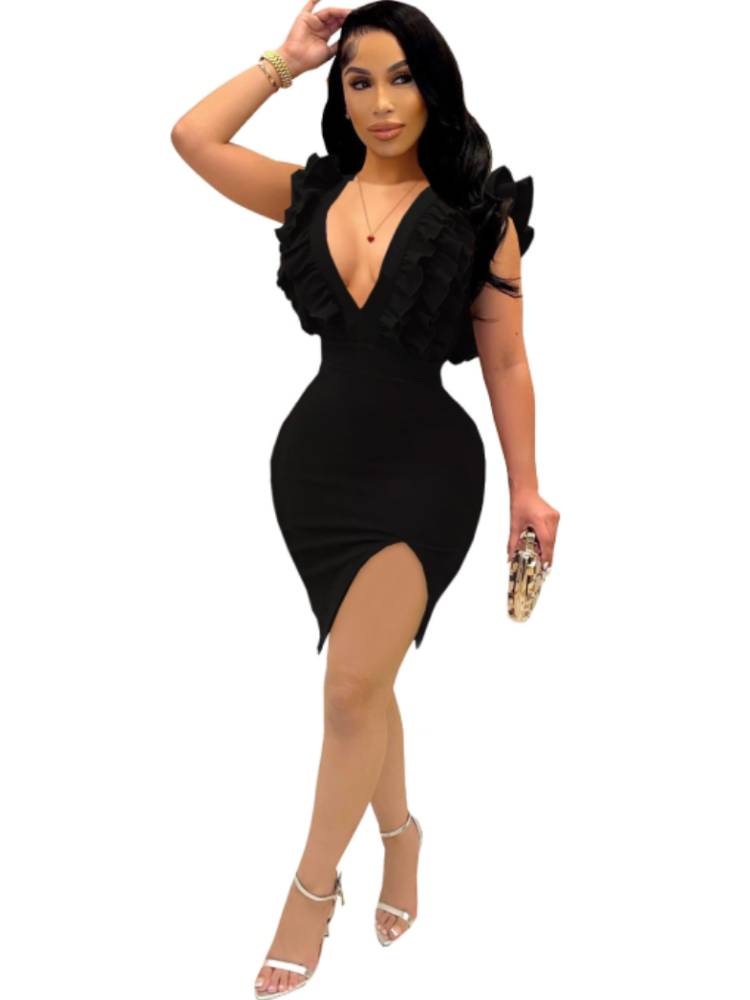 Ruffle V Neck Sleeveless Mini Dresses Tiynon