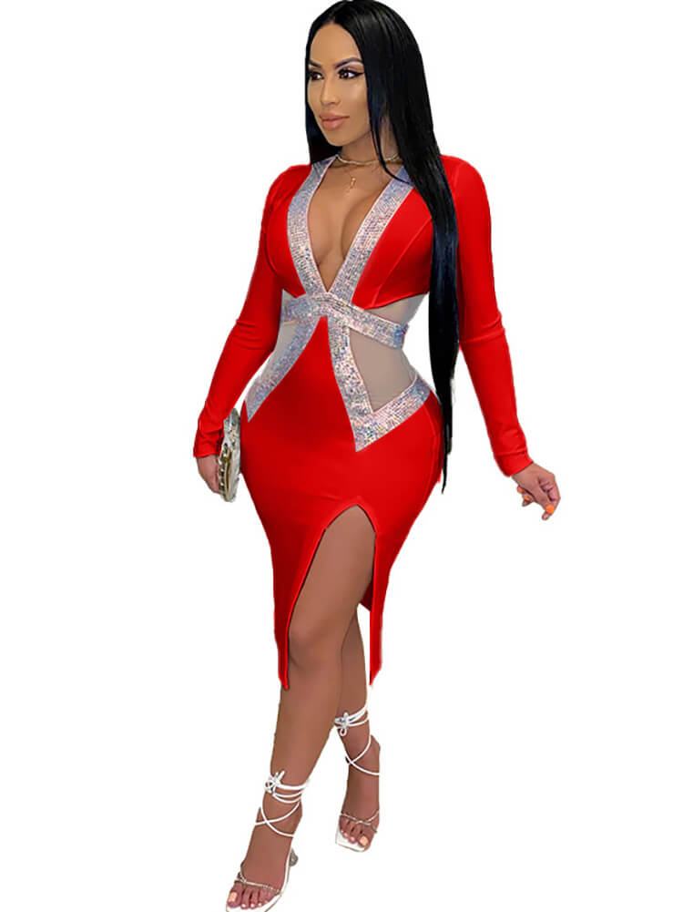 Sequin Deep V Neck Patchwork Mesh Split Midi Dress Tiynon