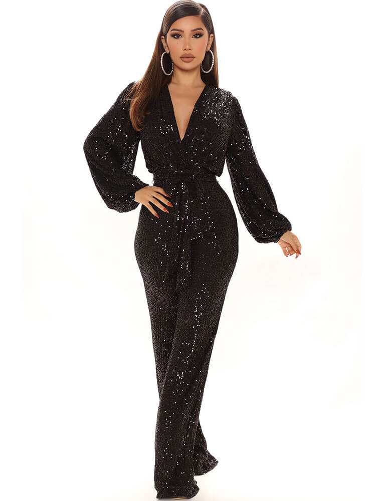 Sequin Long Sleeve V Neck Sparkly Jumpsuits Tiynon