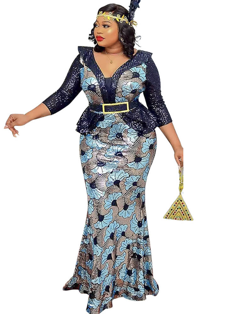 Sequin Patchwork Floral Print Maxi Dresses Tiynon