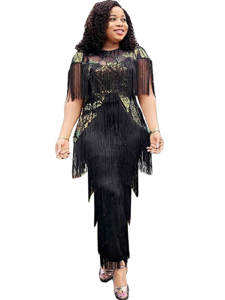 Sequin Patchwork Sleeveless Tassel Bodycon Maxi Dresses Tiynon