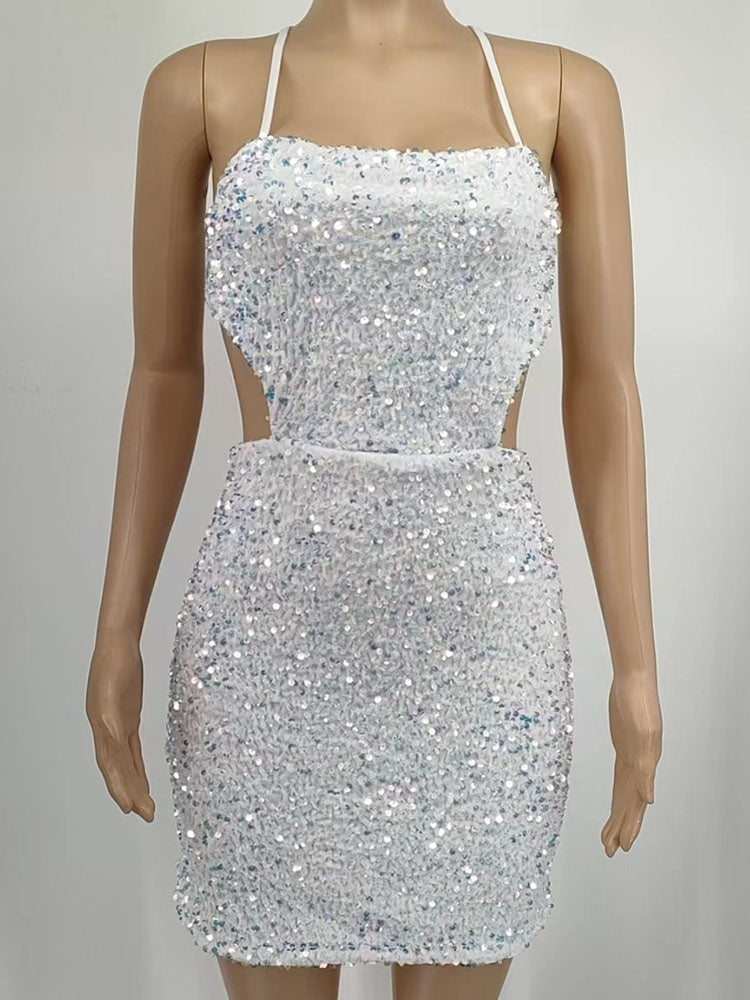 Sequins Sleeveless Tie Up Backless Mini Dresses Tiynon