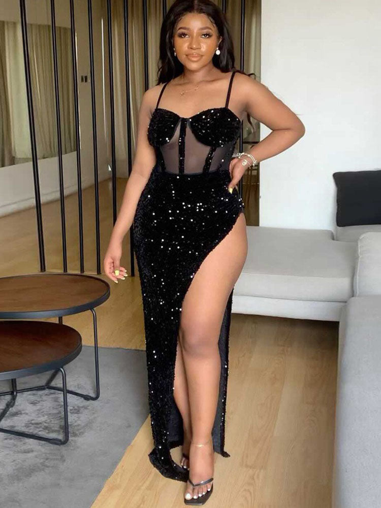 Sequins Velvet Sleeveless Split Maxi Dresses Tiynon