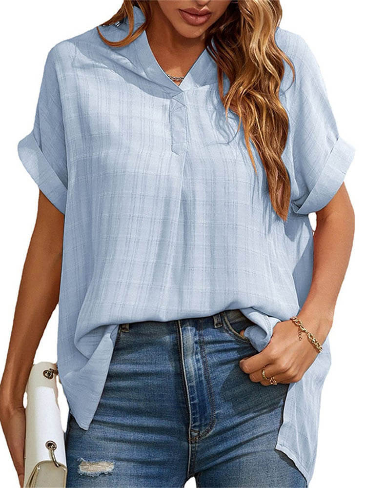 Short Sleeve Grid High Low Hem Shirt Tiynon
