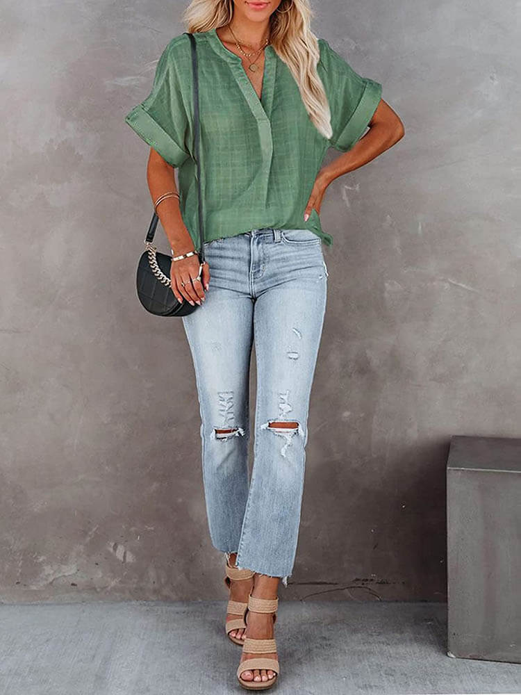 Short Sleeve Grid High Low Hem Shirt Tiynon