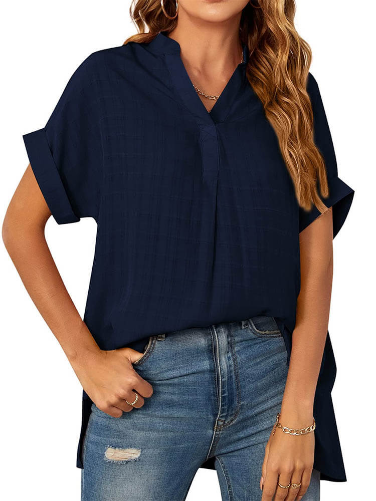 Short Sleeve Grid High Low Hem Shirt Tiynon