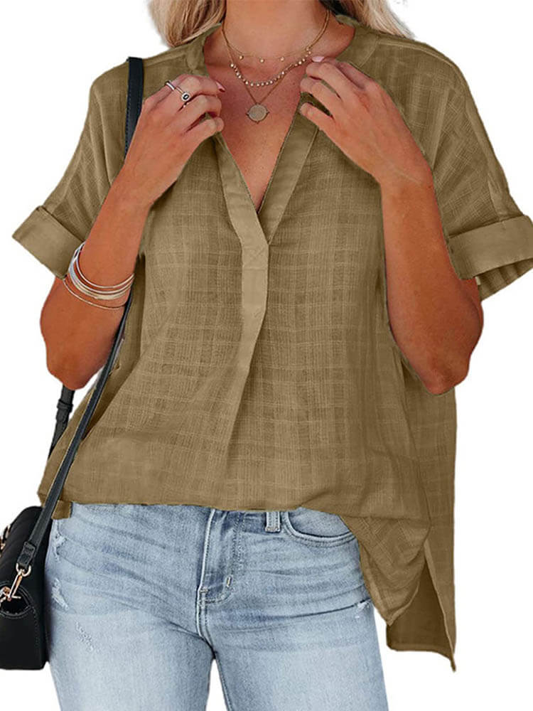 Short Sleeve Grid High Low Hem Shirt Tiynon