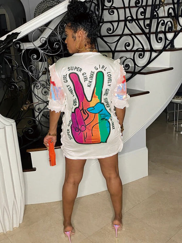 Short Sleeve Letter Print Tie Dye Mini Dresses Tiynon