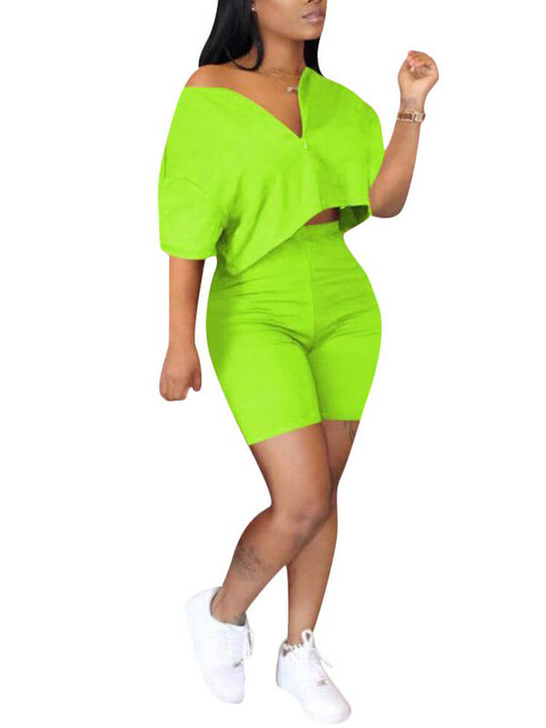 Short Sleeve Zipper Tops & Shorts Tiynon