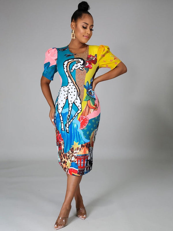 Short Sleeves Figure Print Bodycon Midi Dresses Tiynon