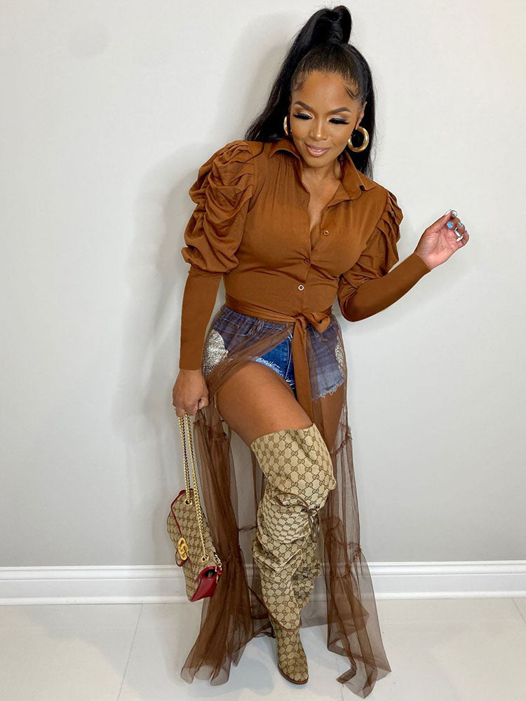 Silk Puff Sleeve Shirt Maxi Dresses Tiynon