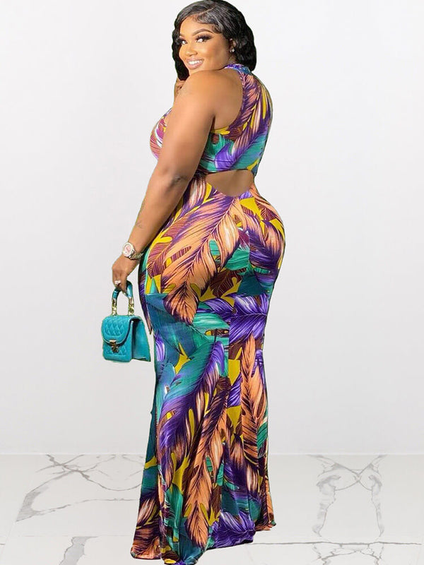 Sleeveless Floral Print Hollow Out Maxi Dresses Tiynon