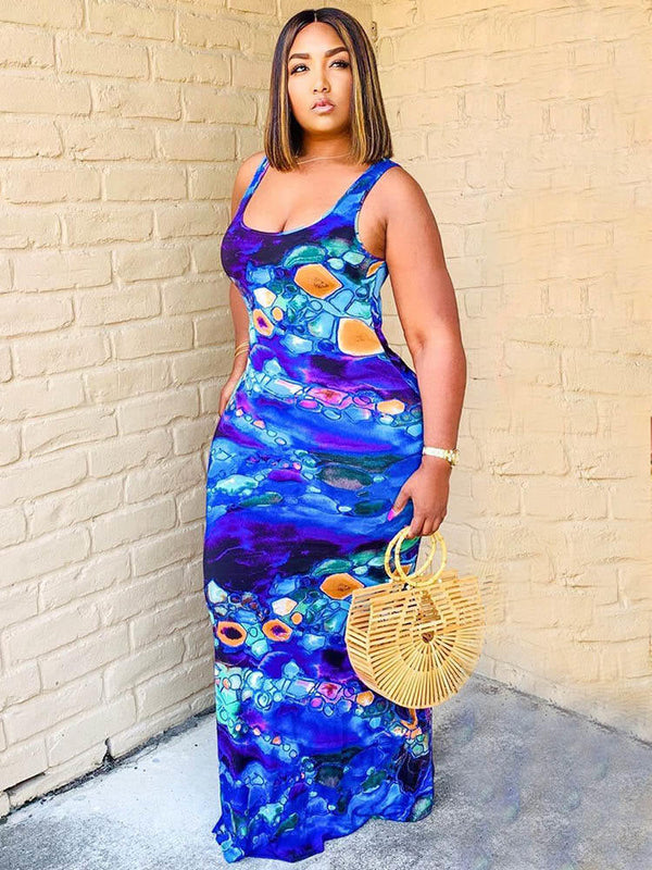 Sleeveless Floral Stripe Tie-Dyed Sundress Maxi Dresses Tiynon